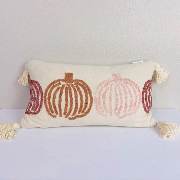 Indigo Moon Pumpkin Embroidered Lumbar Accent Pillow W/ Tassels 24” x 14“ - Picture 1 of 7